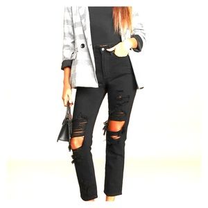 Black high rise super destroyed girlfriend jeans
